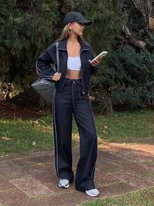 Livesso Women's Casual Denim Suit - High Collar Tie-Up Top And Pants - Dark Wash - View 4