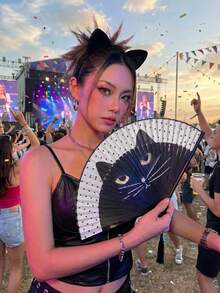 Joivida 1 件装竹制折叠扇，手绘卡通猫咪设计，休闲风格，夏季时尚配饰，送给女性朋友的节日、派对、婚礼、生日庆典礼物，动漫可爱美学 - 彩色 - 查看 1