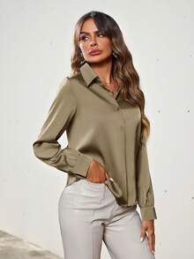 Aveloria Modichic Solid Color Button Down Long Sleeve Shirt Holiday Party Clothes Button Up Shirt Women  - Khaki - View 4