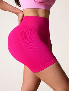 SHEIN Sovereign Charm Shorts deportivos y de yoga sin costuras y acanalados para mujer - Rosa Fucsia - Ver 4