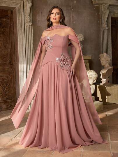 Aureia Plus Size Elegant Lotus Root Pink Asymmetric Off-Shoulder Handmade 3D Applique Beaded Novelty Hem Micro Fish Tail (Detachable Hanging Sequin) Dress, Suitable For Dates, Vacations, Singles Parties, Weddings, Formal Occasions