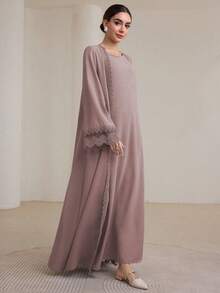 Graceveil 2pcs Women Traditional Long Dress & Abaya Coat Set Modest - Pink - View 6