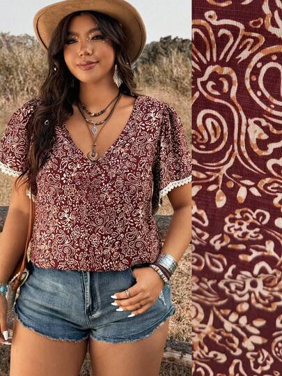 Ceyna 大码V领竹节结印花荷叶边休闲衬衫