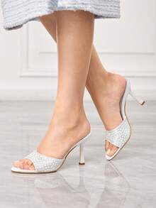 Sleekvia Women's Fashionable & Elegant Commuter Rhinestone Decorated Heeled Sandals Valentine's Day - White - View 3