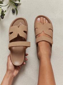 SHUZIA Faux Leather Cutout Design Taupe Pu Detailing Slip On Sandals - Beige - View 2