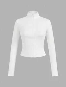 SHEIN EZwear 3件套休闲简约白色、黑色、藏蓝色针织拉链长袖T恤（女款） - 彩色 - 查看 5