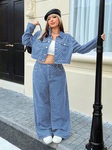 SHEIN ICON جاكيت كاجوال من الجينز المرقع بالكروشيه للمرأة ذات الحجم الكبير، خريف/شتاء - أزرق فاتح - مشاهدة 4