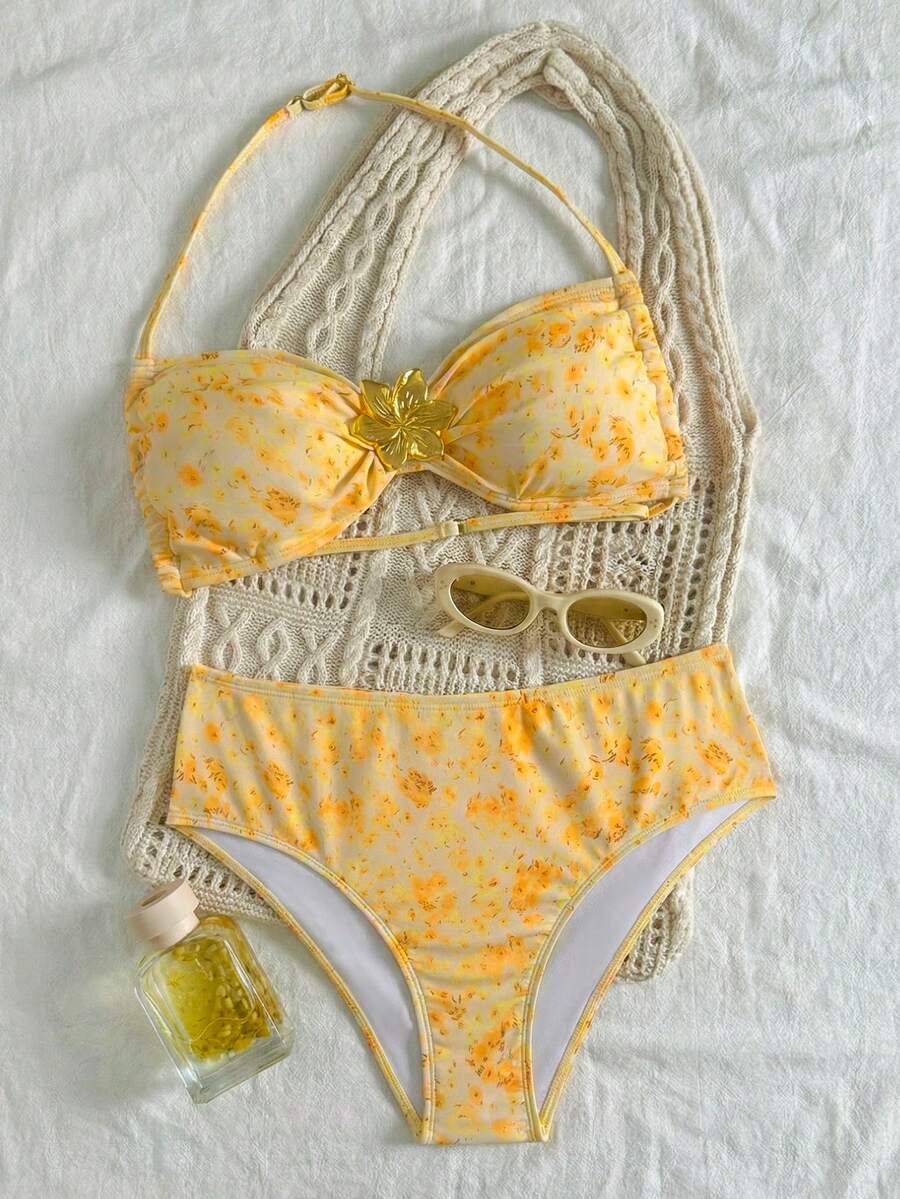Teen Girls Solid Color Strapless Tie Metallic Jewelry Bikini Set For Summer,Bathing Suit Set /Beach Girl Outfit/ Swim Suits Two Pieces/ Bathing Suits For Teens Bikini Set - Multicolor - View 1