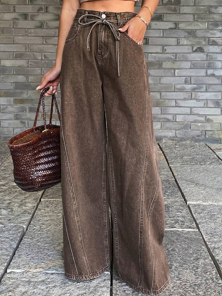 Distressed Washed Waist Belt Wide Leg Jeans, Casual Street Style Cowgirl Denim Pants For Women, Spring/Autumn
