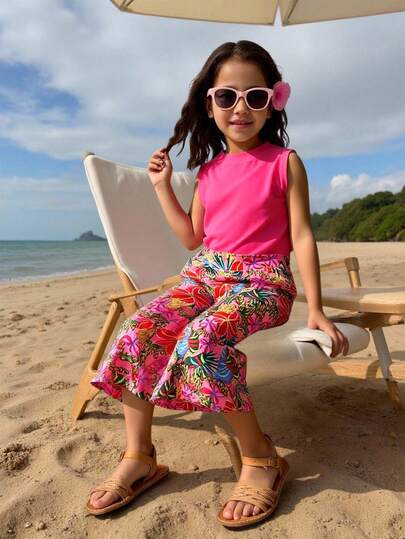 SHEIN Young Girls 2pcs/Set Vacation Summer Beach Sleeveless Top And Loose Elastic Waist Wide Leg Pants Outfit, Suitable For Holiday Travel