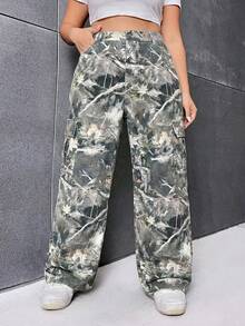 SHEIN ICON Women's Plus Size Branch Pattern Green Camo Cargo Pocket Wide Leg Loose Casual Jeans For Commute Vacation Autumn - Multicolor - View 1