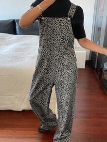 Livesso Women's Leopard Print Pocketed Casual Wide Leg Denim Jumpsuit, Autumn/Winter Spring - Coffee Brown - View 8