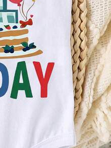 SHEIN Playful Pals Baju Terusan Bayi Laki-Laki Berlengan Pendek dengan Tulisan "Ulang Tahun Pertamaku", Cocok untuk Liburan Musim Semi/Panas - Putih - View 6