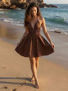 CAJUNI Summer Sexy Backless Halter Neck Dress - Brown - View 3