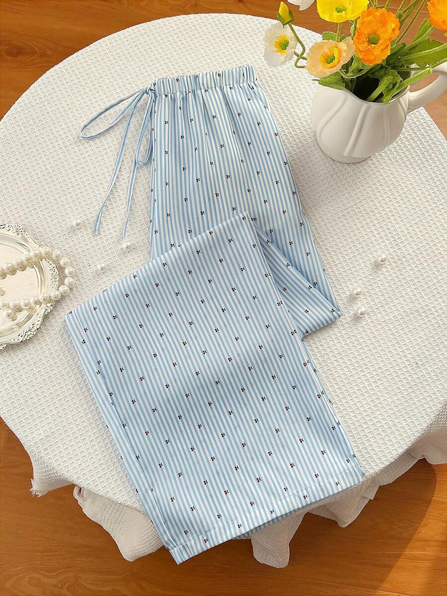 Elamini 女士低腰条纹樱桃印花休闲阔腿裤，学院风，可爱甜美，适合度假穿着 - 藍色 - 查看 1