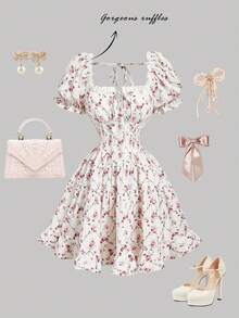 MOD Vestido corto con estampado floral vintage, mangas abullonadas y lazo - Casual, lindo y dulce; perfecto para vacaciones, citas, picnics, fiestas, bailes de graduación, festivales y uso en cumpleaños; romántico y adorable - Multicolor - Ver 2