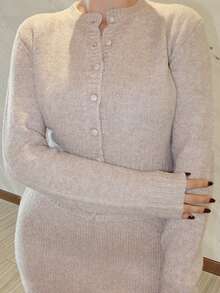 MDEdit 2件套深灰色束腰修身毛衣裙女秋冬装 - 駝色 - 查看 3