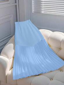 SHEIN LUNE Solid Color Pleated Elegant Skirt, Spring/Summer - Baby Blue - View 2