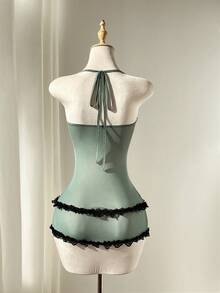 Elamini Women's Green Bow Tie Halter Backless Mini Dress, Fashionable, Charming, Sexy, Suitable For Beach, Vacation, Date, Nightclub, Spring/Summer Music Festival - Green - View 2