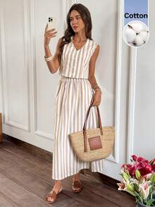 Serisse 女士条纹单排扣背心半身休闲两件套，纯棉面料，法式无袖条纹背心上衣+高腰长裙两件套，杏色条纹套装，清新显瘦，舒适透气，适合夏季穿着，也适合野餐、夏季度假、春夏过渡季节。 - 杏色 - 查看 4