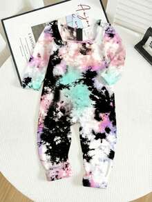 SHEIN Young Girls' Black Tie-Dye Street Style Elastic Knit Crew Neck Long Sleeve Jumpsuit,Snug Fit Matching Sister Set White Summer Casual Daily Wear Outfit - Black - View 7