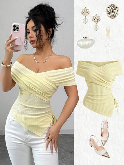 Elenzga 这款女士优雅黄色T恤采用针织提花面料，露肩收腰设计，性感迷人，不对称下摆更添精致优雅。高品质面料，尽显高贵气质。适合生日礼物、约会、派对、劳动节、复活节、学生装、校园风、旅行、街拍、春夏穿着。