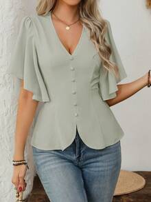 EMERY ROSE 女士优雅V领纽扣装饰喇叭袖收腰A字衬衫，纯色，适合通勤、休闲、度假、春夏穿着 - 綠色 - 查看 6