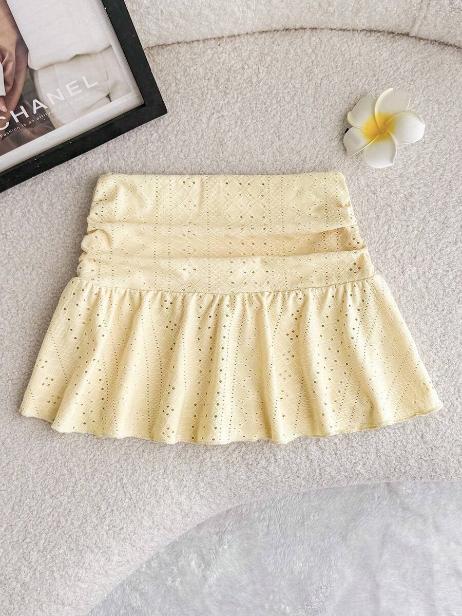 Tween Girls Yellow Knit Casual Vacation Versatile Hollow Textured Ruched A-Line Mini Skirt, Suitable For All Seasons - Yellow - View 1