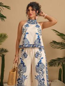 Travachic Bộ 2 món cỡ lớn họa tiết hoa, áo và quần cổ đứng ren kiểu Boho cho mùa hè, thích hợp cho kỳ nghỉ. - Nhiều màu - Xem 1