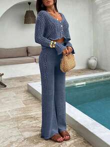 EURMUSE Boho Style Vacation Hollow Out Gold Lurex Shiny Yarn Detailed Button Down Cardigan & Wide Leg Hollow Out Crochet Wide Leg Relaxed Fit 2 Pieces Knit Set - Blue - View 6