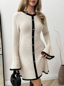 EURMUSE Beige Contrast Black Trim Rib Knit Flared Sleeve Sweater Dress With Button Front And Fit And Flare Silhouette For Women - Beige - View 5