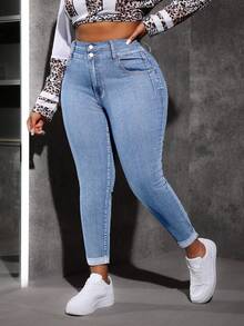 Slaydiva 大码蓝色弹力修身九分牛仔裤 冬季牛仔裤 女士冬季牛仔裤 女士修身弹力牛仔裤 曲线身材高腰卷边牛仔裤 - 淺色水洗藍 - 查看 6