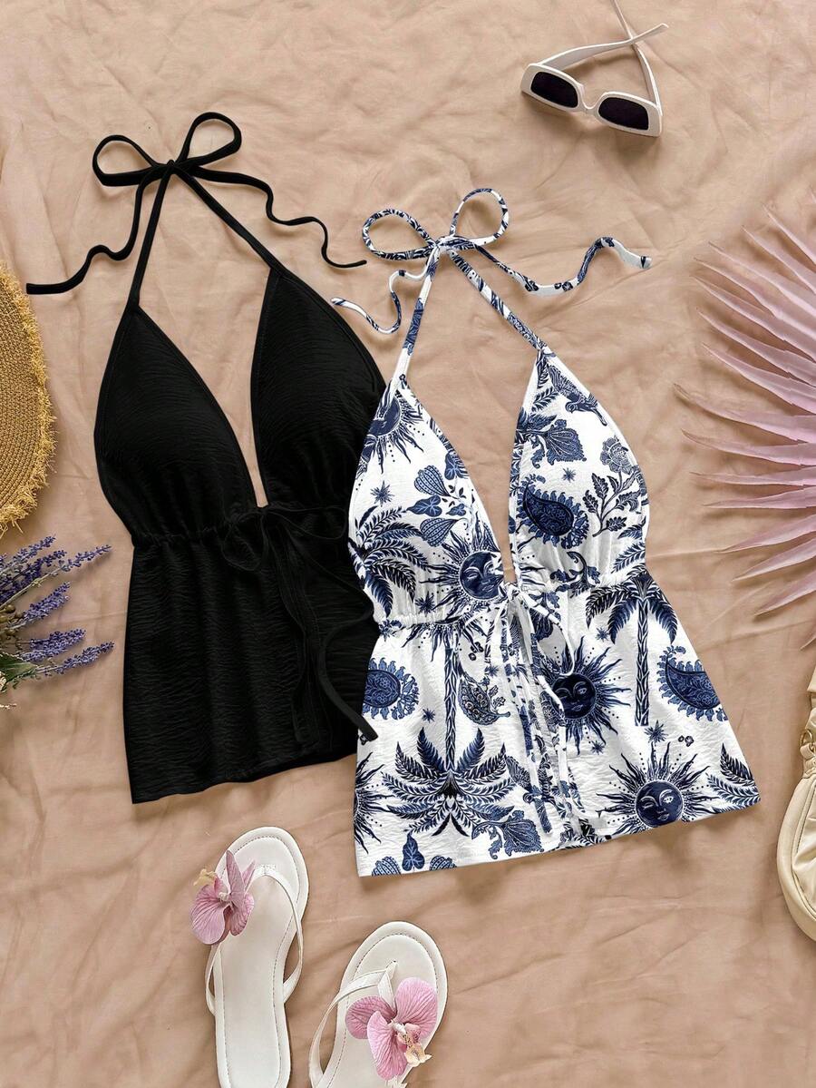 Soleia 2pcs Women's Casual Minimalist Blue Sun God & Palm Tree Print Halter Neck Backless Tie-Up Camisole Set, Suitable For Summer Vacation Spring - Multicolor - View 1