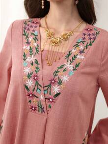 Al Najma Áo Abaya dài tay cổ chữ V, dáng xòe, thêu hoa, màu hồng. - Hồng - Xem 4