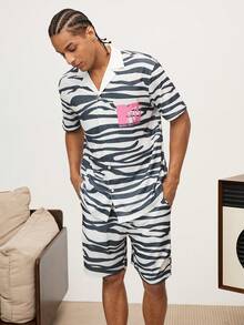 MTV | SHEIN Herren Sommer Zebra Muster Hemd mit Kragen und Shorts Loungewear Set - Schwarz und Weiss - Übersicht 6