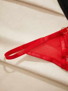 Charlaine 3pcs/Set Women Lace Trim Metal Buckle Thong Panties, Black, Red, Blue - Multicolor - View 5