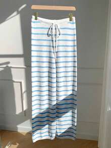 Comfortcana Women's Casual Vacation Drawstring Waist Striped Knit Pants - Blue and White - View 6