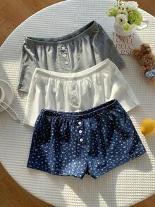 Comfortcana 2026 新款春夏时尚三件套针织碎花低腰短裤，适合夏季穿着，沙滩短裤，适合海滩度假，2000 年代风格，情人节、狂欢节、海滩、假日、居家休闲、街头、学院风睡衣三件套短裤，白色碎花图案，灰色三件套 - 彩色 - 查看 4