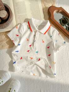 SHEIN LMoss Kids 男宝宝夏季休闲可爱恐龙图案撞色针织短袖polo衫，适合生日派对、晚宴、演出、婚礼、迎婴派对、满月庆祝和周岁生日等场合。 - 彩色 - 查看 3