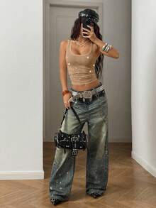 StreetHx 女士夏季街头水钻褶皱修身圆领吊带背心 - 棕色 - 查看 3