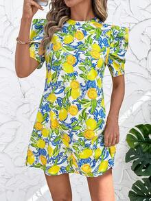 SHEIN Clasi 女士圆领羊腿袖短连衣裙，水果印花图案，优雅日常穿着，春夏款 - 彩色 - 查看 13