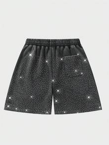 ROMWE MEN Pantalones cortos de verano para hombres con cintura con cordón y adornos de rhinestone - Negro - Ver 2