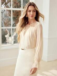 MOTF PREMIUM WOMEN'S CHIFFON CONTRAST LACE RIBBON EMBROIDERED ROMANTIC BLOUSE - Apricot - View 6