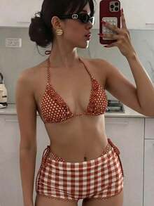 Swim Mod 3pcs Women's Beach Swimsuit Set, Polka Dot Print Triangle Ruffle Bikini Top With Spaghetti Straps, Paired With Plaid Print Swim Shorts - Multicolor - View 4