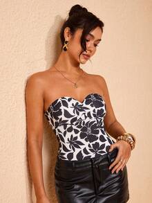 JIAN LASALA All-Over Floral Print Knit Jersey Ruched Bustier Strapless Sexy Women Bodysuit Vacation Casual - Black and White - View 8