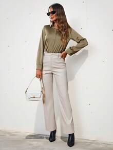 Aveloria Modichic Solid Color Button Down Long Sleeve Shirt Holiday Party Clothes Button Up Shirt Women  - Khaki - View 3