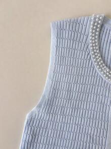 GlowEve Sleeveless Round Neck Pearl Decor Single Row Rhinestone Button Hollow Waist Ruffle Hem Women Sweater - Blue - View 4