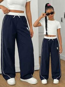 Tween Girl Casual All-Match Street Sports Versatile Black & White Contrast Trim Loose Wide Leg Pants,Holiday,Summer,Travel