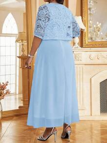 Fleurora Plus Size Women Floral Lace Short Sleeve Cardigan And Sleeveless Blue Dress Elegant 2 Piece Set Summer Dress  Spring Outfit Women  Party Dress Stylish Clothing Collection Light Blue Dress Curve - Blue - View 2
