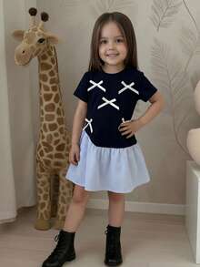 SHEIN 蓝色拼接条纹短袖休闲连衣裙，学院风 - 寶藍色 - 查看 7